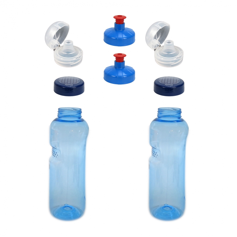 Bild 1 von 2x 0,75L Kavodrink Wasserflasche mit Lebensblume Deckel + 2x FlipTop + 2x Push-Pull